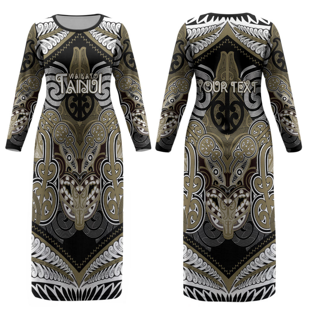 Aotearoa Iwi Waikato Tainui Personalised Couples Matching Long Sleeve Bodycon Dress and Long Sleeve Button Shirt Maori Kowhaiwhai Pattern