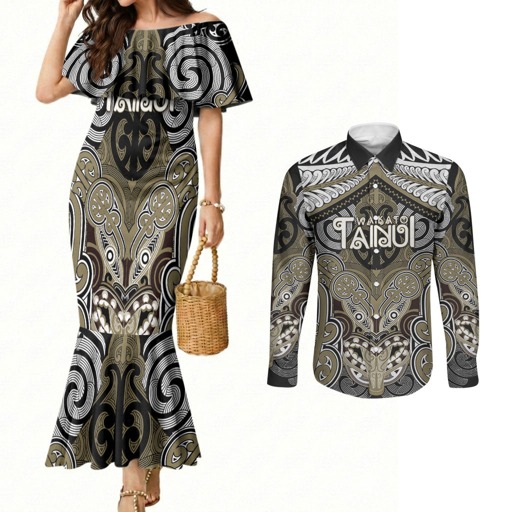 Aotearoa Iwi Waikato Tainui Personalised Couples Matching Mermaid Dress and Long Sleeve Button Shirt Maori Kowhaiwhai Pattern