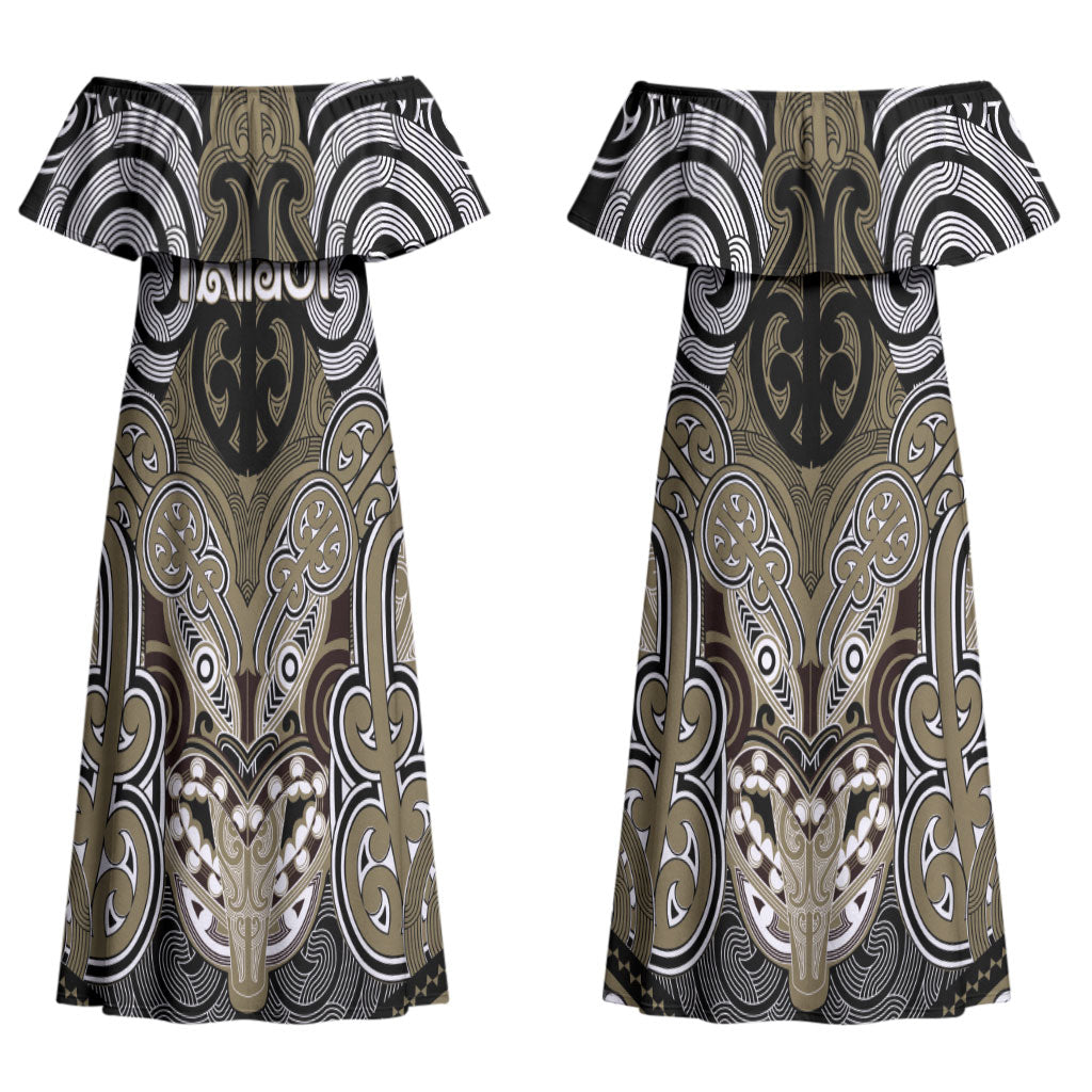 Aotearoa Iwi Waikato Tainui Personalised Couples Matching Off Shoulder Maxi Dress and Long Sleeve Button Shirt Maori Kowhaiwhai Pattern