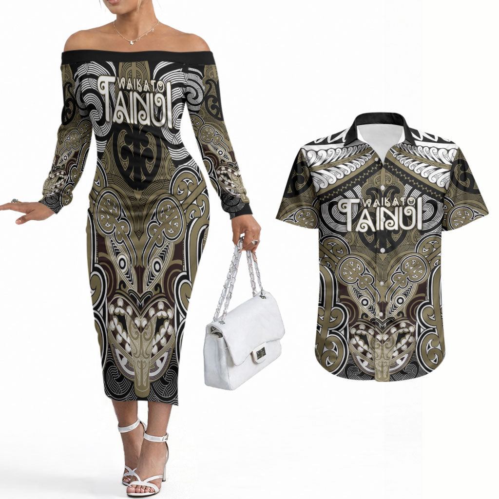 Aotearoa Iwi Waikato Tainui Personalised Couples Matching Off The Shoulder Long Sleeve Dress and Hawaiian Shirt Maori Kowhaiwhai Pattern