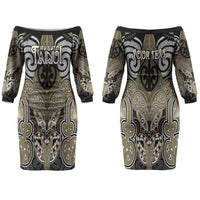 Aotearoa Iwi Waikato Tainui Personalised Couples Matching Off The Shoulder Long Sleeve Dress and Hawaiian Shirt Maori Kowhaiwhai Pattern