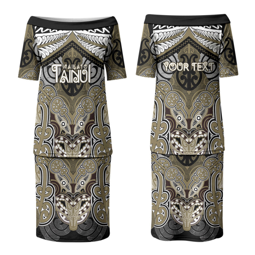 Aotearoa Iwi Waikato Tainui Personalised Couples Matching Puletasi and Long Sleeve Button Shirt Maori Kowhaiwhai Pattern