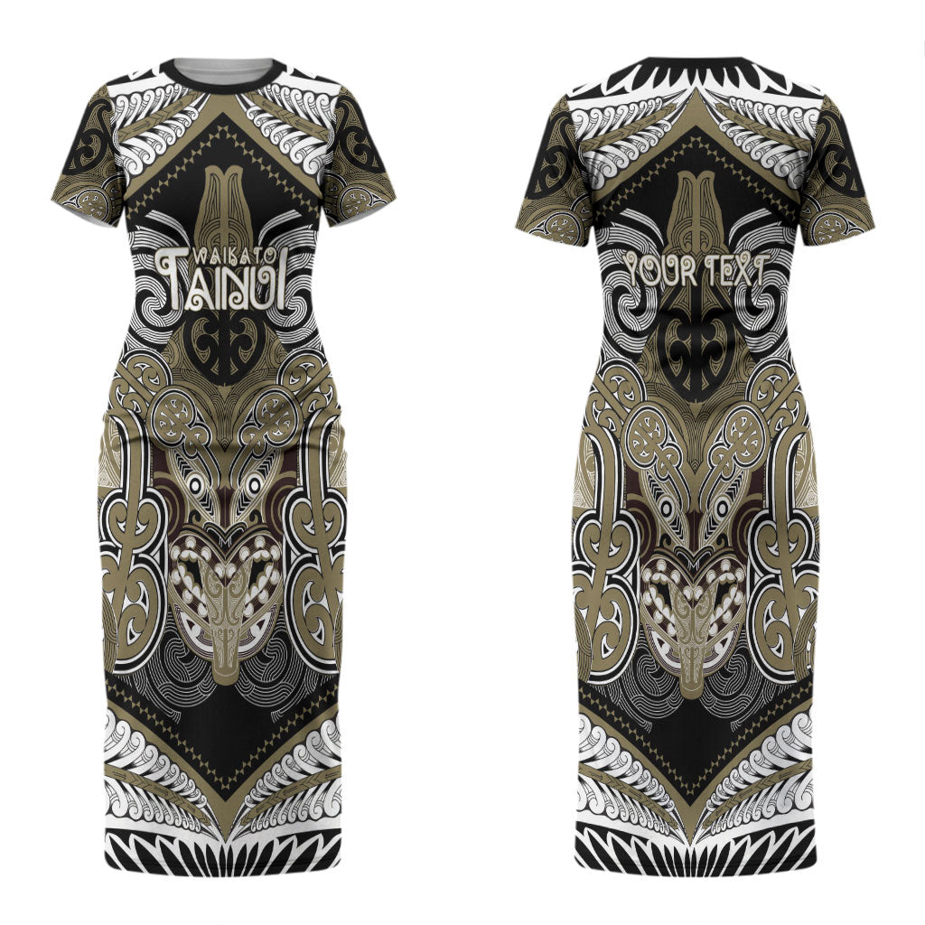 Aotearoa Iwi Waikato Tainui Personalised Couples Matching Short Sleeve Bodycon Dress and Long Sleeve Button Shirt Maori Kowhaiwhai Pattern