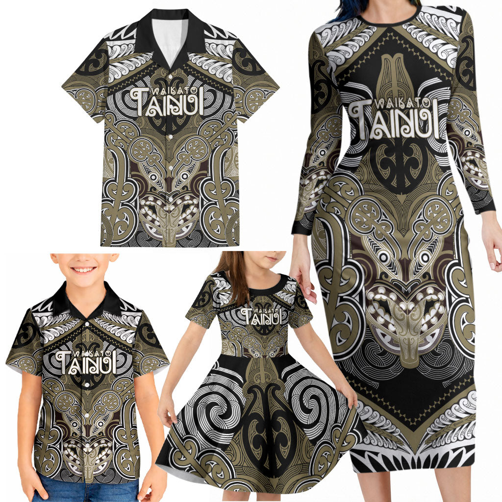Aotearoa Iwi Waikato Tainui Personalised Family Matching Long Sleeve Bodycon Dress and Hawaiian Shirt Maori Kowhaiwhai Pattern