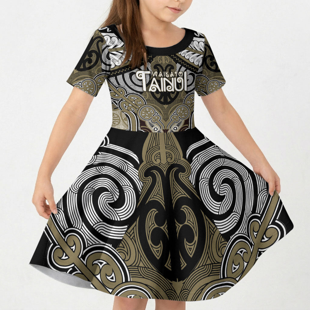 Aotearoa Iwi Waikato Tainui Personalised Kid Short Sleeve Dress Maori Kowhaiwhai Pattern