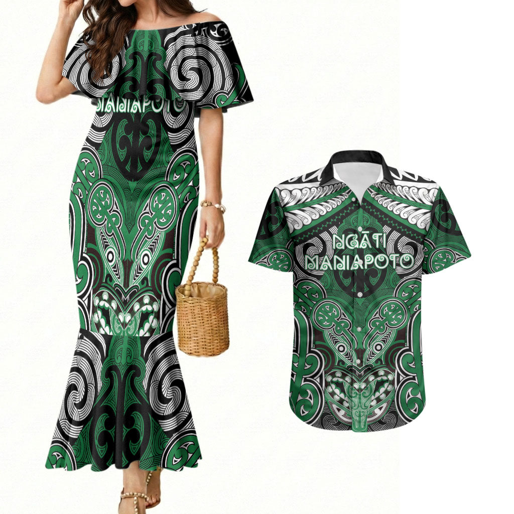 Aotearoa Iwi Ngati Maniapoto Personalised Couples Matching Mermaid Dress and Hawaiian Shirt Maori Kowhaiwhai Pattern