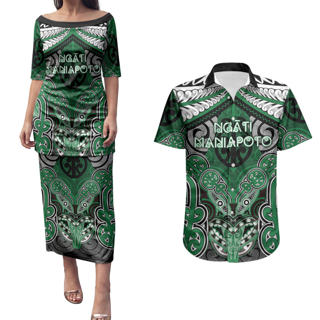 Aotearoa Iwi Ngati Maniapoto Personalised Couples Matching Puletasi and Hawaiian Shirt Maori Kowhaiwhai Pattern