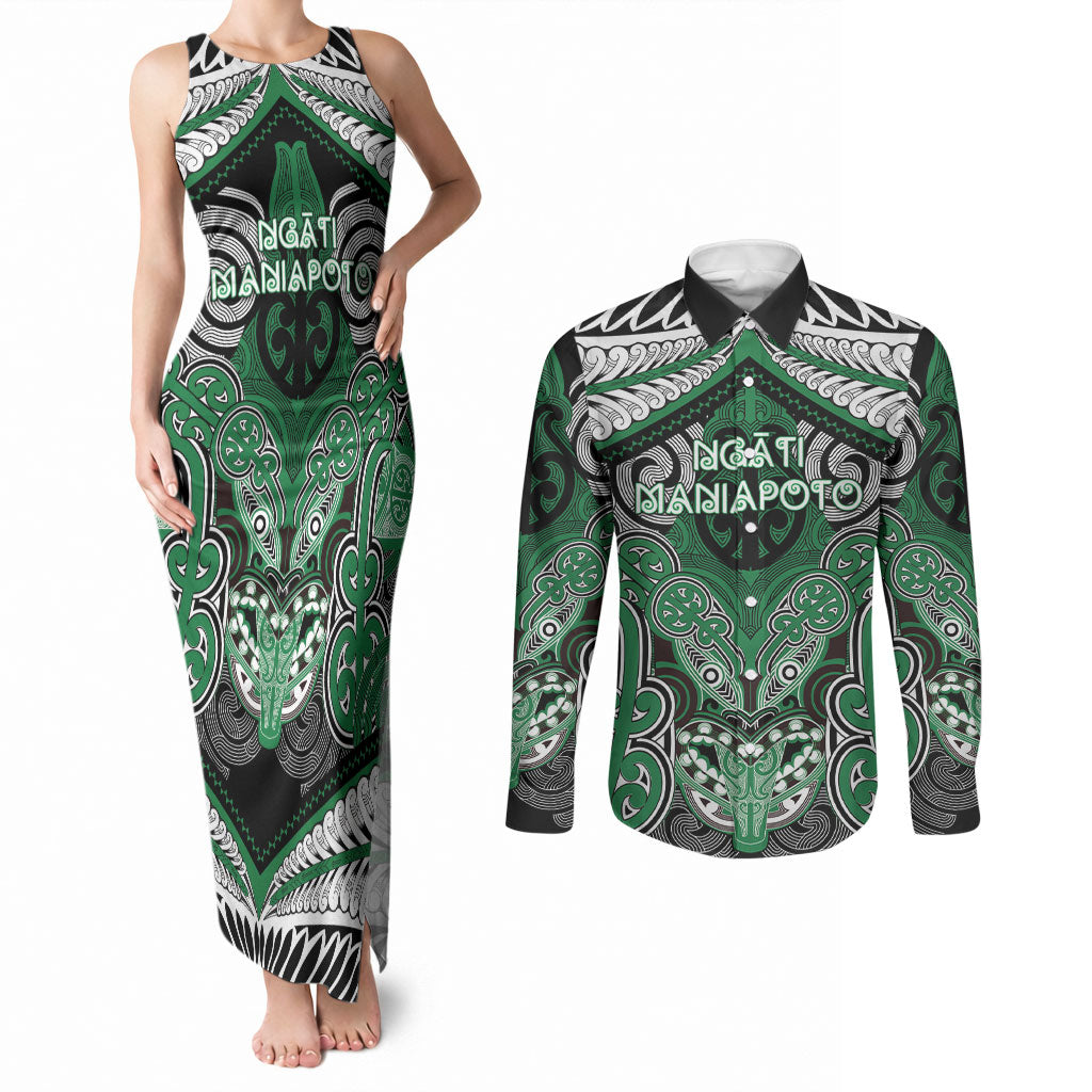 Aotearoa Iwi Ngati Maniapoto Personalised Couples Matching Tank Maxi Dress and Long Sleeve Button Shirt Maori Kowhaiwhai Pattern