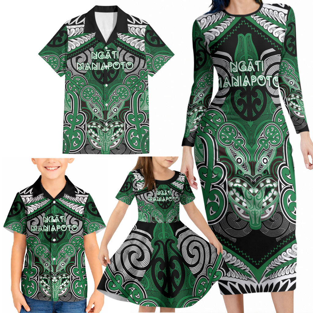 Aotearoa Iwi Ngati Maniapoto Personalised Family Matching Long Sleeve Bodycon Dress and Hawaiian Shirt Maori Kowhaiwhai Pattern