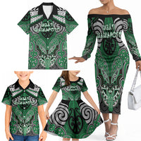 Aotearoa Iwi Ngati Maniapoto Personalised Family Matching Off The Shoulder Long Sleeve Dress and Hawaiian Shirt Maori Kowhaiwhai Pattern