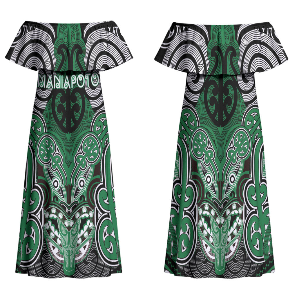 Aotearoa Iwi Ngati Maniapoto Personalised Family Matching Off Shoulder Maxi Dress and Hawaiian Shirt Maori Kowhaiwhai Pattern
