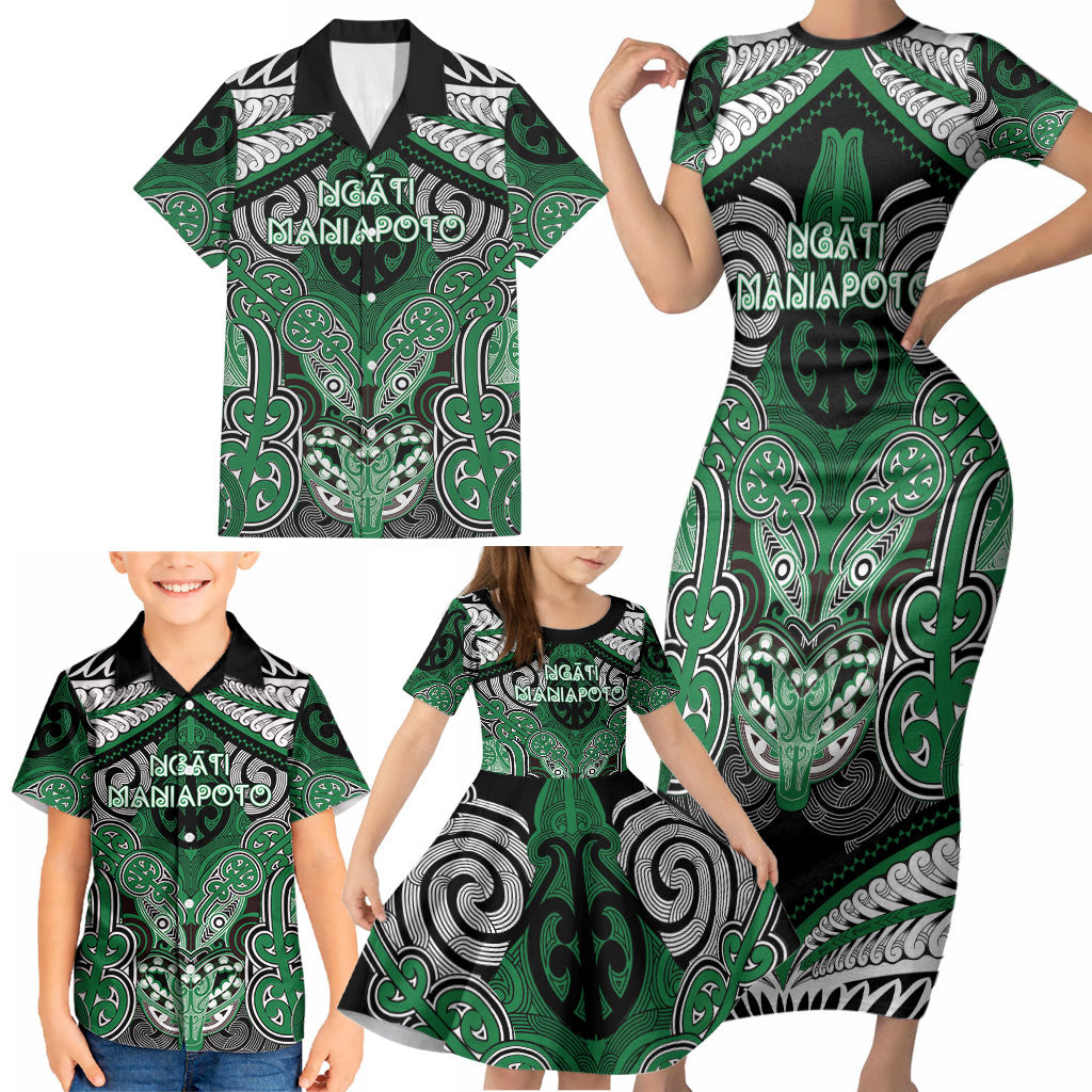 Aotearoa Iwi Ngati Maniapoto Personalised Family Matching Short Sleeve Bodycon Dress and Hawaiian Shirt Maori Kowhaiwhai Pattern