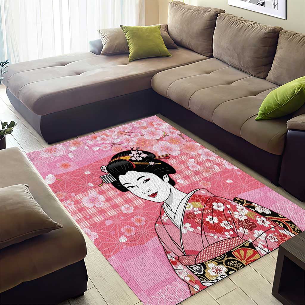 Japanese Geisha Cherry Blossom Area Rug Pink Palaka Hawaii Pattern Fusion Design LT19 - Polynesian Pride