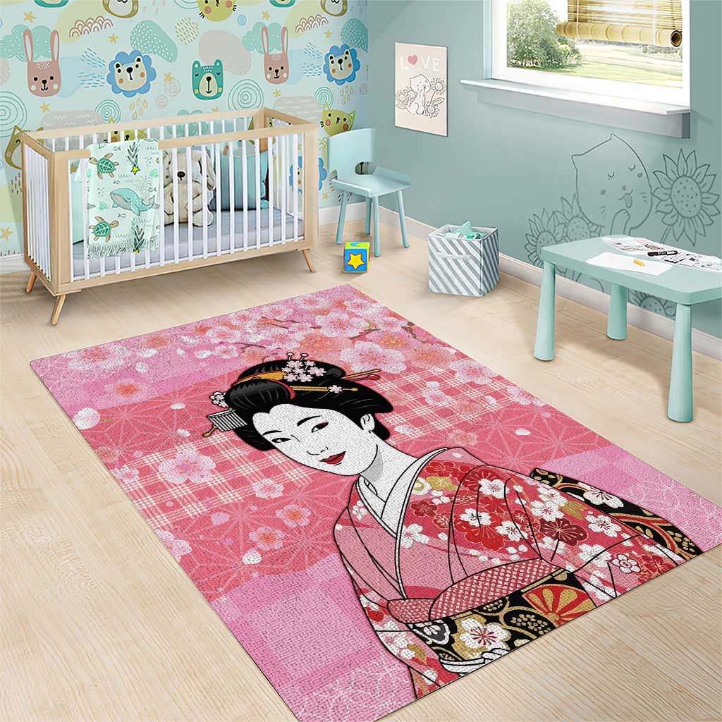 Japanese Geisha Cherry Blossom Area Rug Pink Palaka Hawaii Pattern Fusion Design LT19 - Polynesian Pride