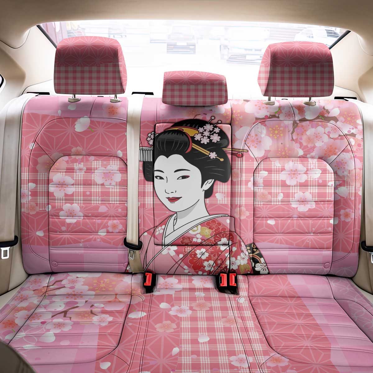 Japanese Geisha Cherry Blossom Back Car Seat Cover Pink Palaka Hawaii Pattern Fusion Design LT19 - Polynesian Pride
