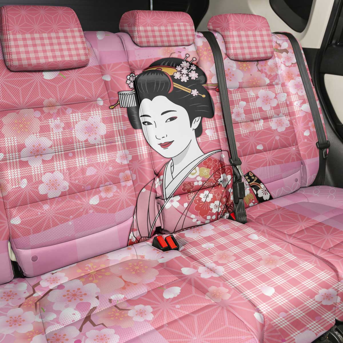 Japanese Geisha Cherry Blossom Back Car Seat Cover Pink Palaka Hawaii Pattern Fusion Design LT19 - Polynesian Pride