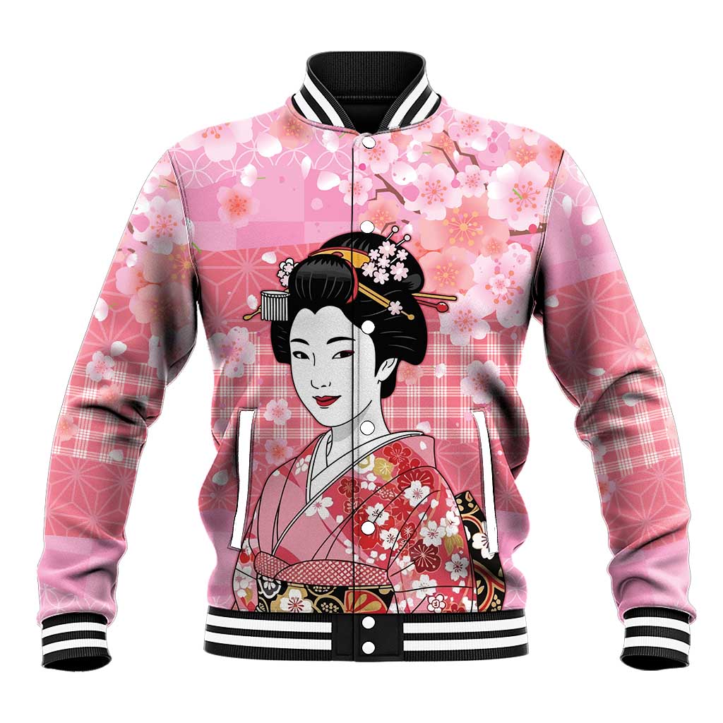 Japanese Geisha Cherry Blossom Baseball Jacket Pink Palaka Hawaii Pattern Fusion Design LT19 Unisex Pink - Polynesian Pride