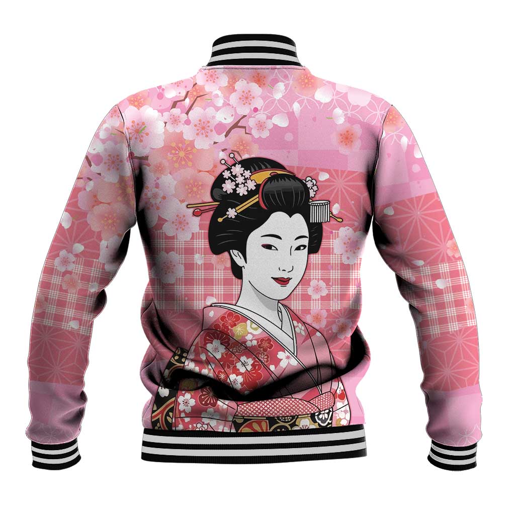 Japanese Geisha Cherry Blossom Baseball Jacket Pink Palaka Hawaii Pattern Fusion Design LT19 - Polynesian Pride