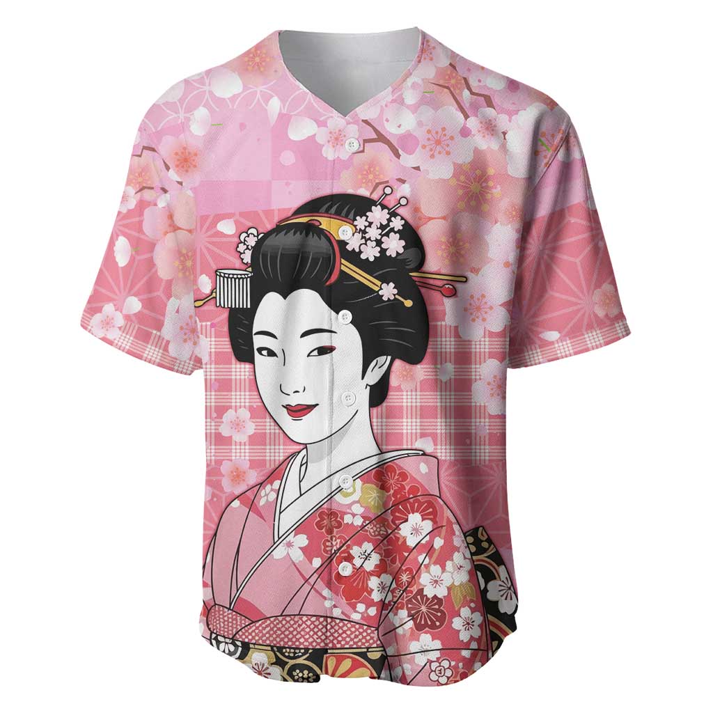 Japanese Geisha Cherry Blossom Baseball Jersey Pink Palaka Hawaii Pattern Fusion Design LT19 Pink - Polynesian Pride