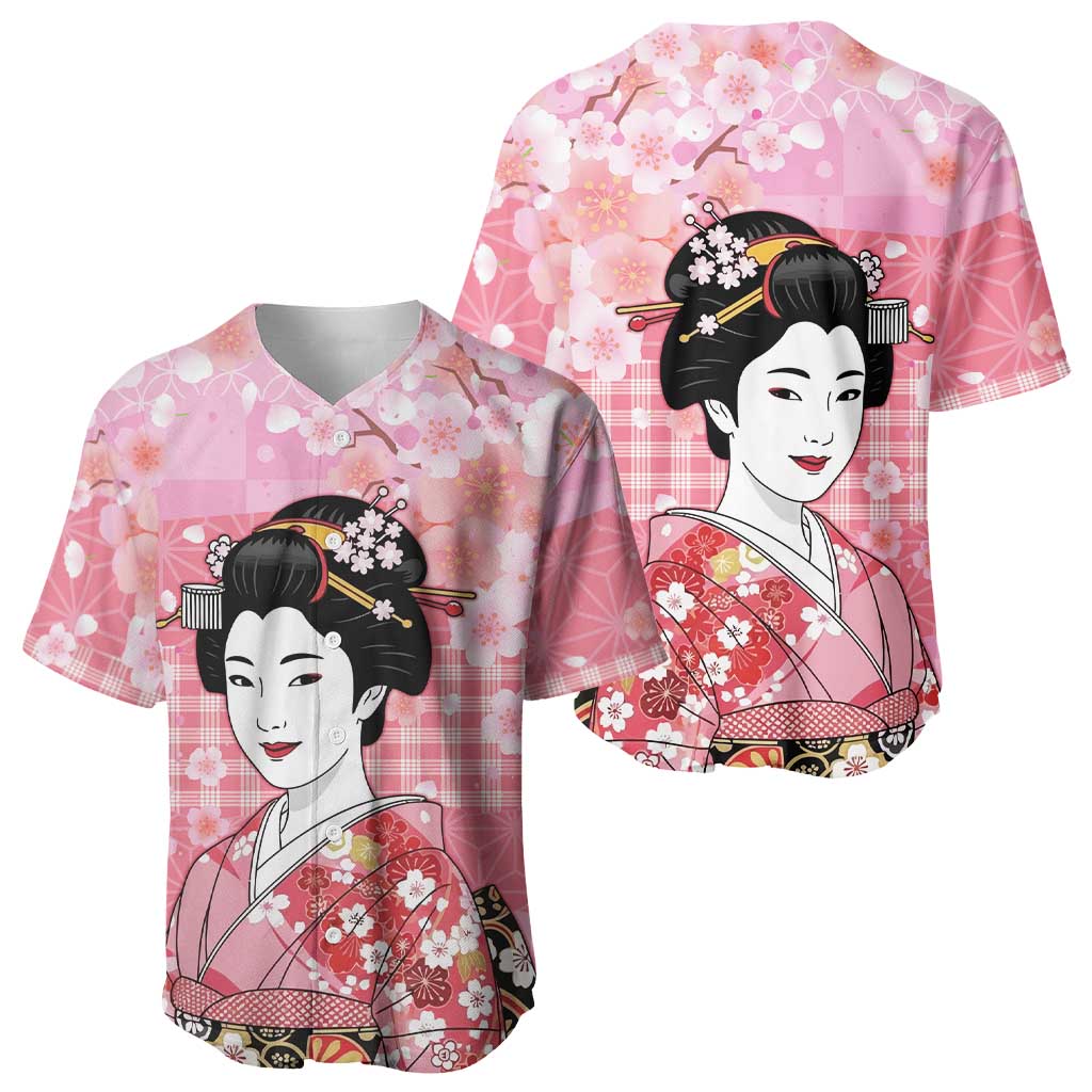 Japanese Geisha Cherry Blossom Baseball Jersey Pink Palaka Hawaii Pattern Fusion Design LT19 - Polynesian Pride