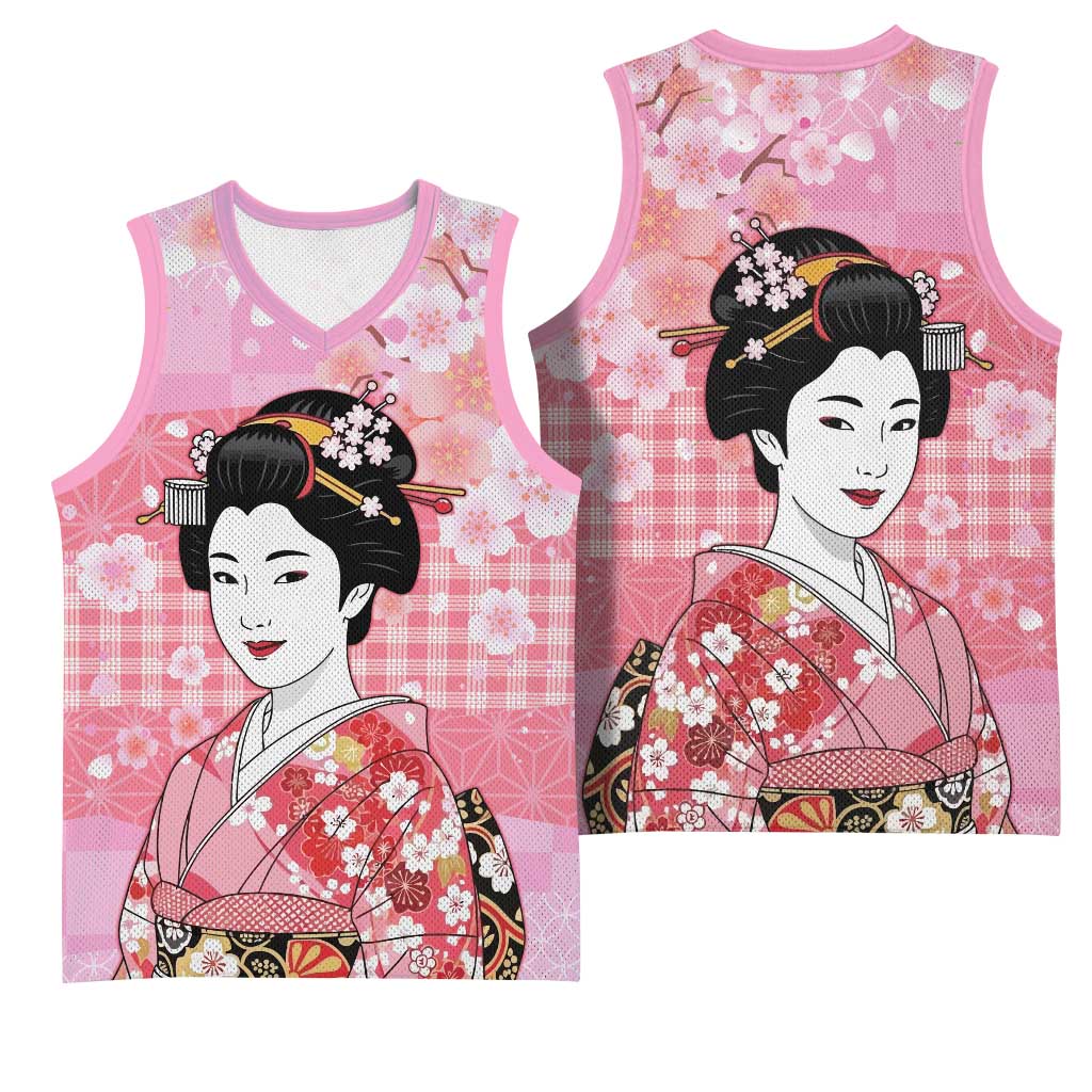 Japanese Geisha Cherry Blossom Basketball Jersey Pink Palaka Hawaii Pattern Fusion Design LT19 - Polynesian Pride