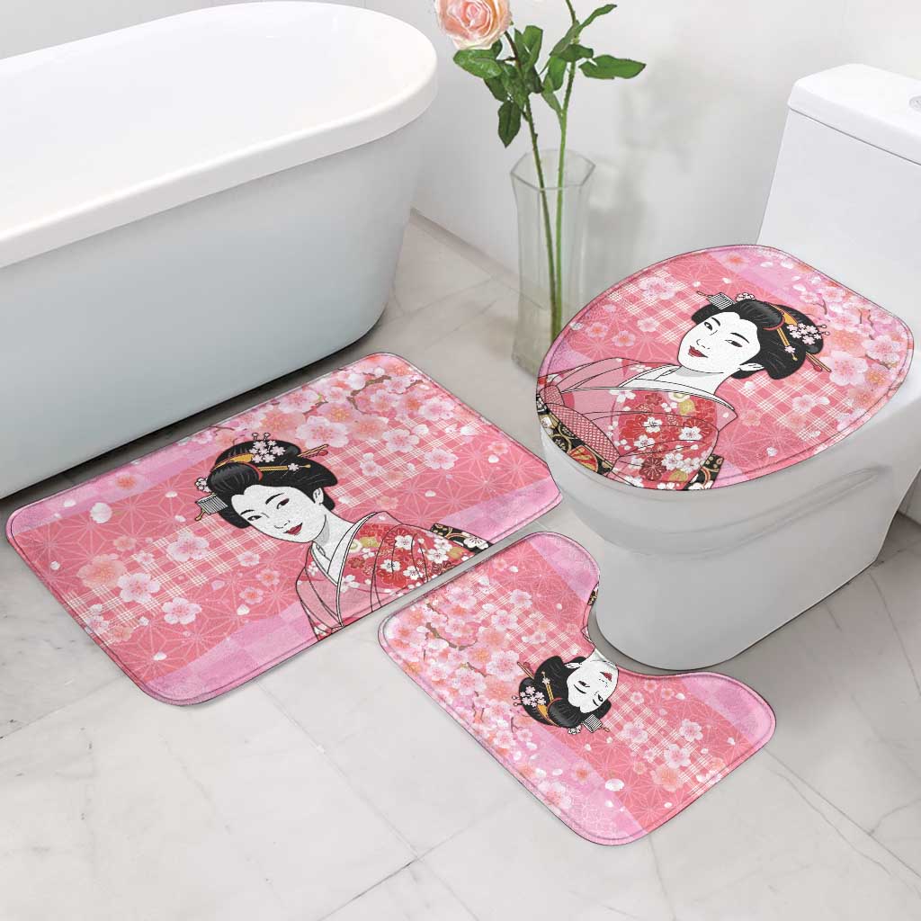Japanese Geisha Cherry Blossom Bathroom Set Pink Palaka Hawaii Pattern Fusion Design LT19 - Polynesian Pride