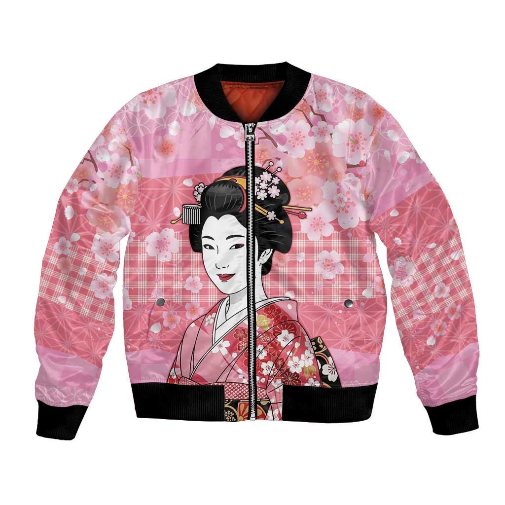 Japanese Geisha Cherry Blossom Bomber Jacket Pink Palaka Hawaii Pattern Fusion Design LT19 Unisex Pink - Polynesian Pride