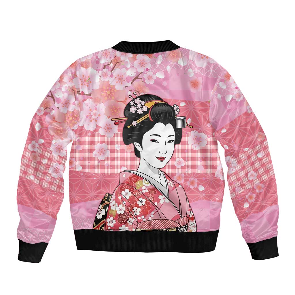 Japanese Geisha Cherry Blossom Bomber Jacket Pink Palaka Hawaii Pattern Fusion Design LT19 - Polynesian Pride
