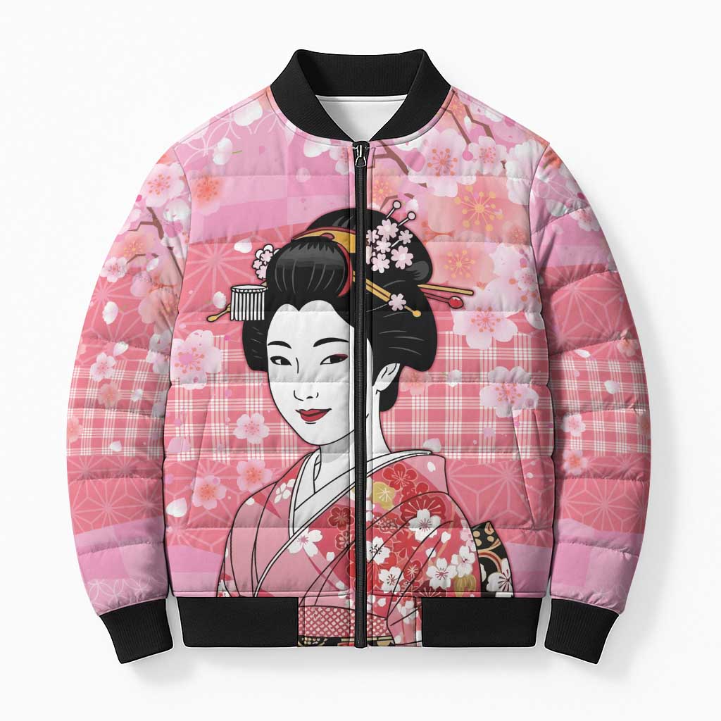 Japanese Geisha Cherry Blossom Bomber Puffer Jacket Pink Palaka Hawaii Pattern Fusion Design LT19 Unisex Pink - Polynesian Pride