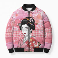 Japanese Geisha Cherry Blossom Bomber Puffer Jacket Pink Palaka Hawaii Pattern Fusion Design LT19 Unisex Pink - Polynesian Pride