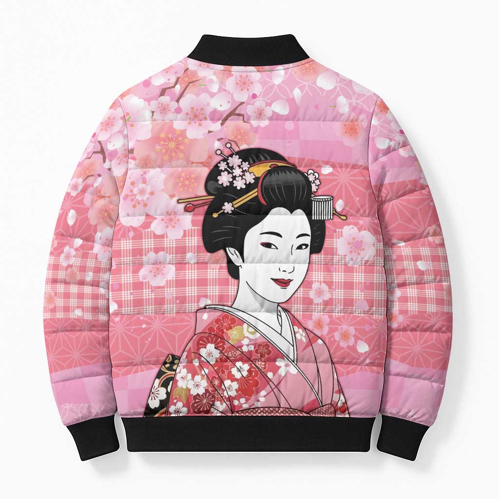 Japanese Geisha Cherry Blossom Bomber Puffer Jacket Pink Palaka Hawaii Pattern Fusion Design LT19 - Polynesian Pride