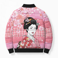 Japanese Geisha Cherry Blossom Bomber Puffer Jacket Pink Palaka Hawaii Pattern Fusion Design LT19 - Polynesian Pride