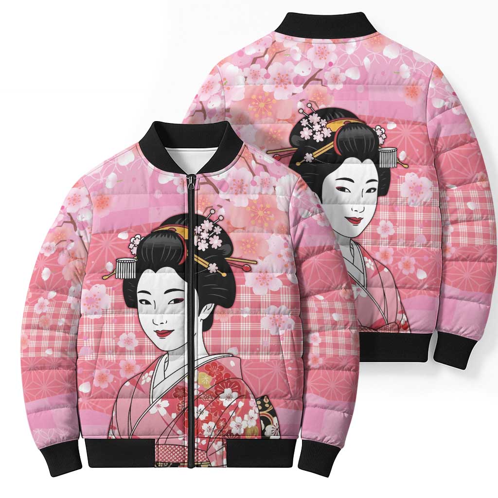 Japanese Geisha Cherry Blossom Bomber Puffer Jacket Pink Palaka Hawaii Pattern Fusion Design LT19 - Polynesian Pride