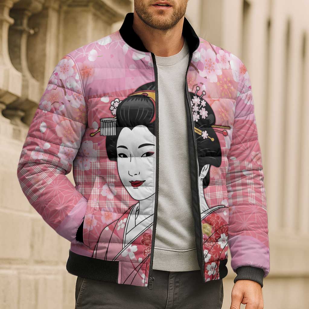 Japanese Geisha Cherry Blossom Bomber Puffer Jacket Pink Palaka Hawaii Pattern Fusion Design LT19 - Polynesian Pride