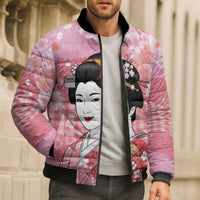Japanese Geisha Cherry Blossom Bomber Puffer Jacket Pink Palaka Hawaii Pattern Fusion Design LT19 - Polynesian Pride