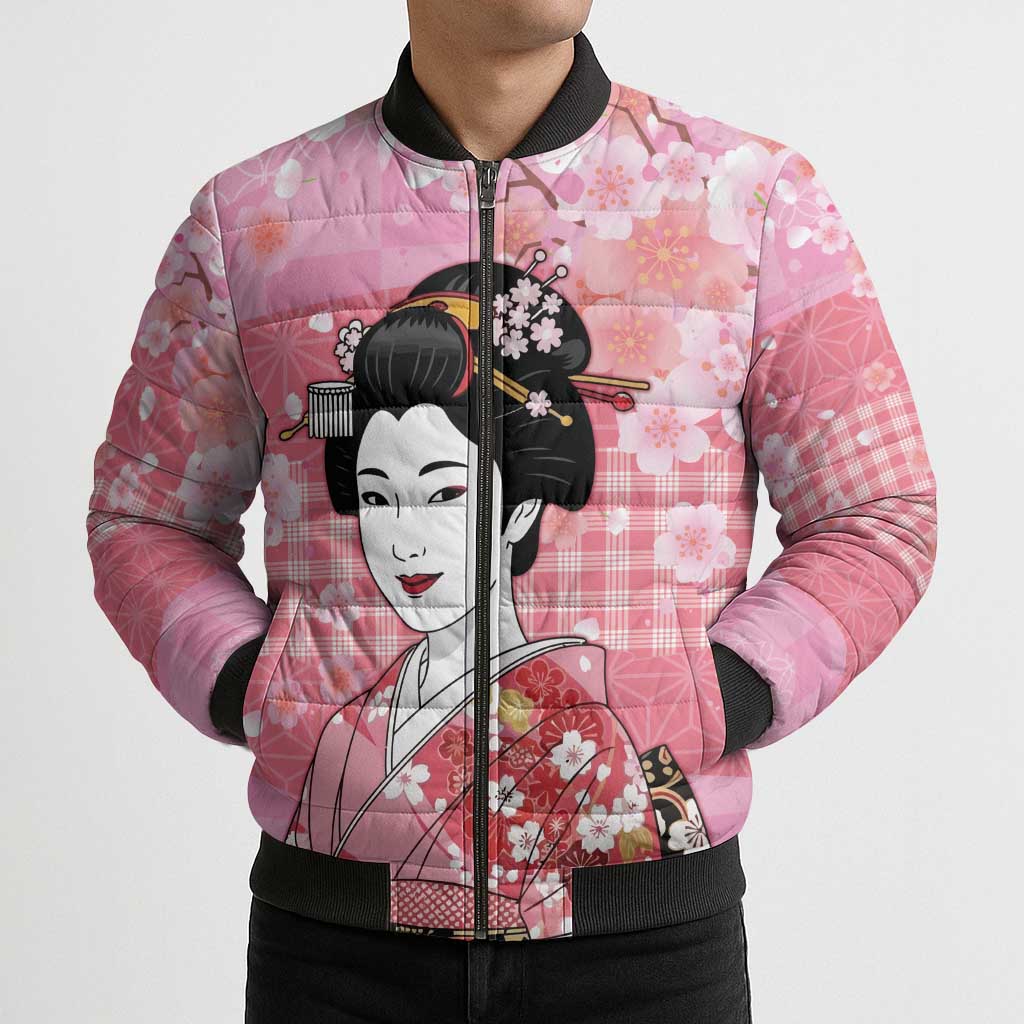 Japanese Geisha Cherry Blossom Bomber Puffer Jacket Pink Palaka Hawaii Pattern Fusion Design LT19 - Polynesian Pride