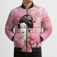 Japanese Geisha Cherry Blossom Bomber Puffer Jacket Pink Palaka Hawaii Pattern Fusion Design LT19 - Polynesian Pride