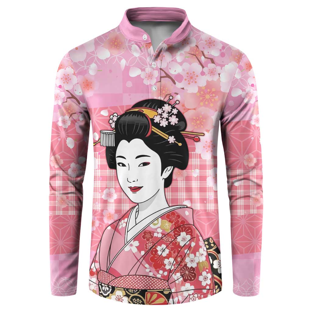 Japanese Geisha Cherry Blossom Button Sweatshirt Pink Palaka Hawaii Pattern Fusion Design LT19 Pink - Polynesian Pride
