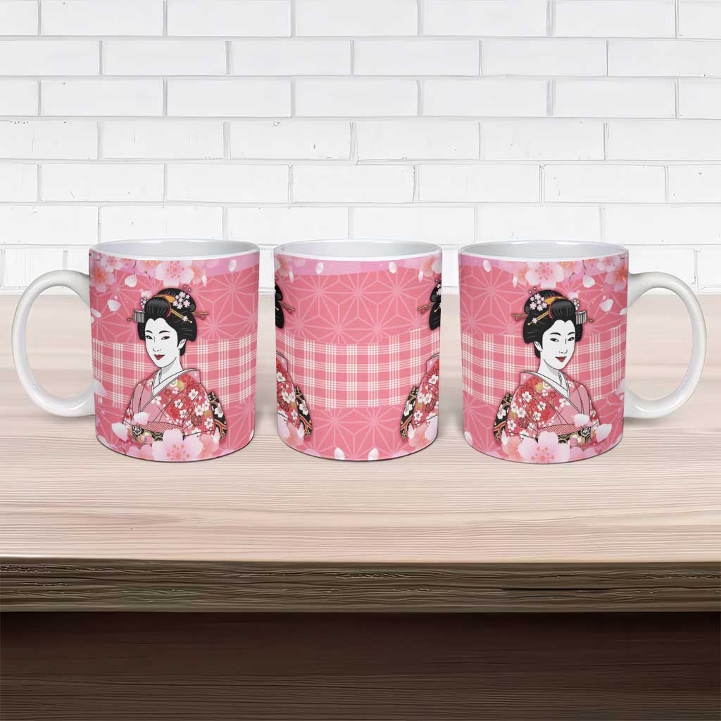 Japanese Geisha Cherry Blossom Ceramic Mug Pink Palaka Hawaii Pattern Fusion Design LT19 - Polynesian Pride
