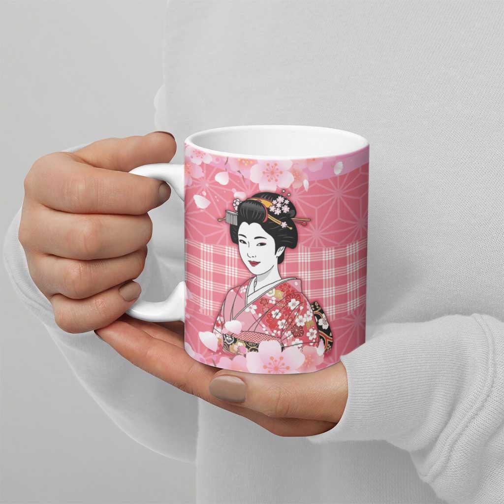 Japanese Geisha Cherry Blossom Ceramic Mug Pink Palaka Hawaii Pattern Fusion Design LT19 - Polynesian Pride