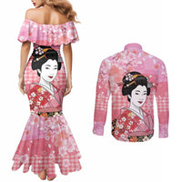 Japanese Geisha Cherry Blossom Couples Matching Mermaid Dress and Long Sleeve Button Shirt Pink Palaka Hawaii Pattern Fusion Design