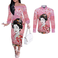 Japanese Geisha Cherry Blossom Couples Matching Off The Shoulder Long Sleeve Dress and Long Sleeve Button Shirt Pink Palaka Hawaii Pattern Fusion Design