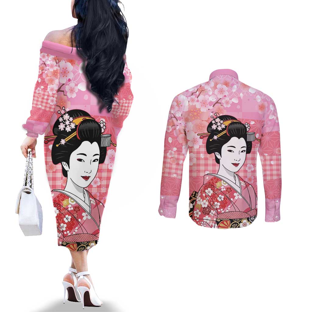 Japanese Geisha Cherry Blossom Couples Matching Off The Shoulder Long Sleeve Dress and Long Sleeve Button Shirt Pink Palaka Hawaii Pattern Fusion Design