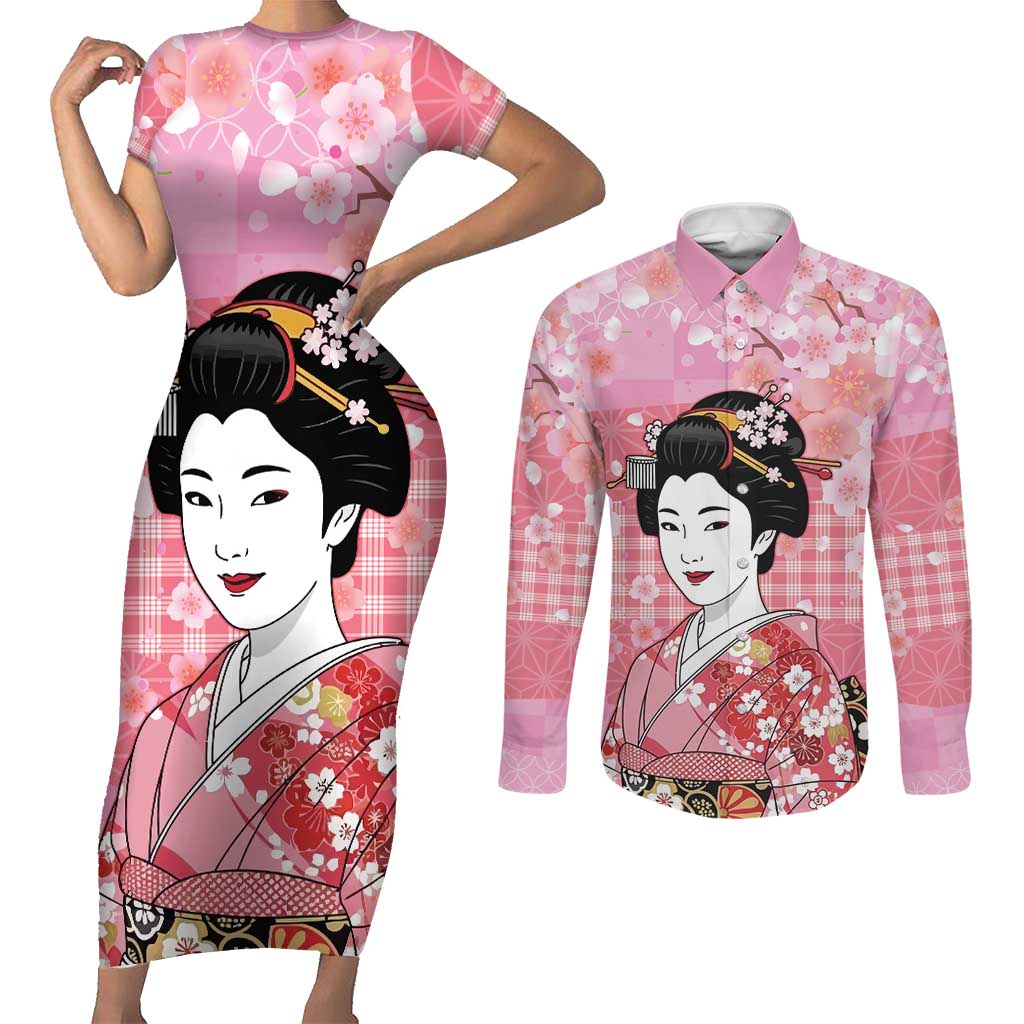 Japanese Geisha Cherry Blossom Couples Matching Short Sleeve Bodycon Dress and Long Sleeve Button Shirt Pink Palaka Hawaii Pattern Fusion Design