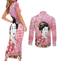 Japanese Geisha Cherry Blossom Couples Matching Short Sleeve Bodycon Dress and Long Sleeve Button Shirt Pink Palaka Hawaii Pattern Fusion Design