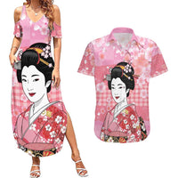 Japanese Geisha Cherry Blossom Couples Matching Summer Maxi Dress and Hawaiian Shirt Pink Palaka Hawaii Pattern Fusion Design