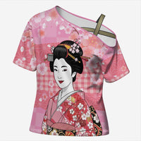 Japanese Geisha Cherry Blossom Cross Shoulder Shirt Pink Palaka Hawaii Pattern Fusion Design LT19 Female Pink - Polynesian Pride