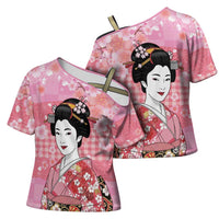 Japanese Geisha Cherry Blossom Cross Shoulder Shirt Pink Palaka Hawaii Pattern Fusion Design LT19 - Polynesian Pride