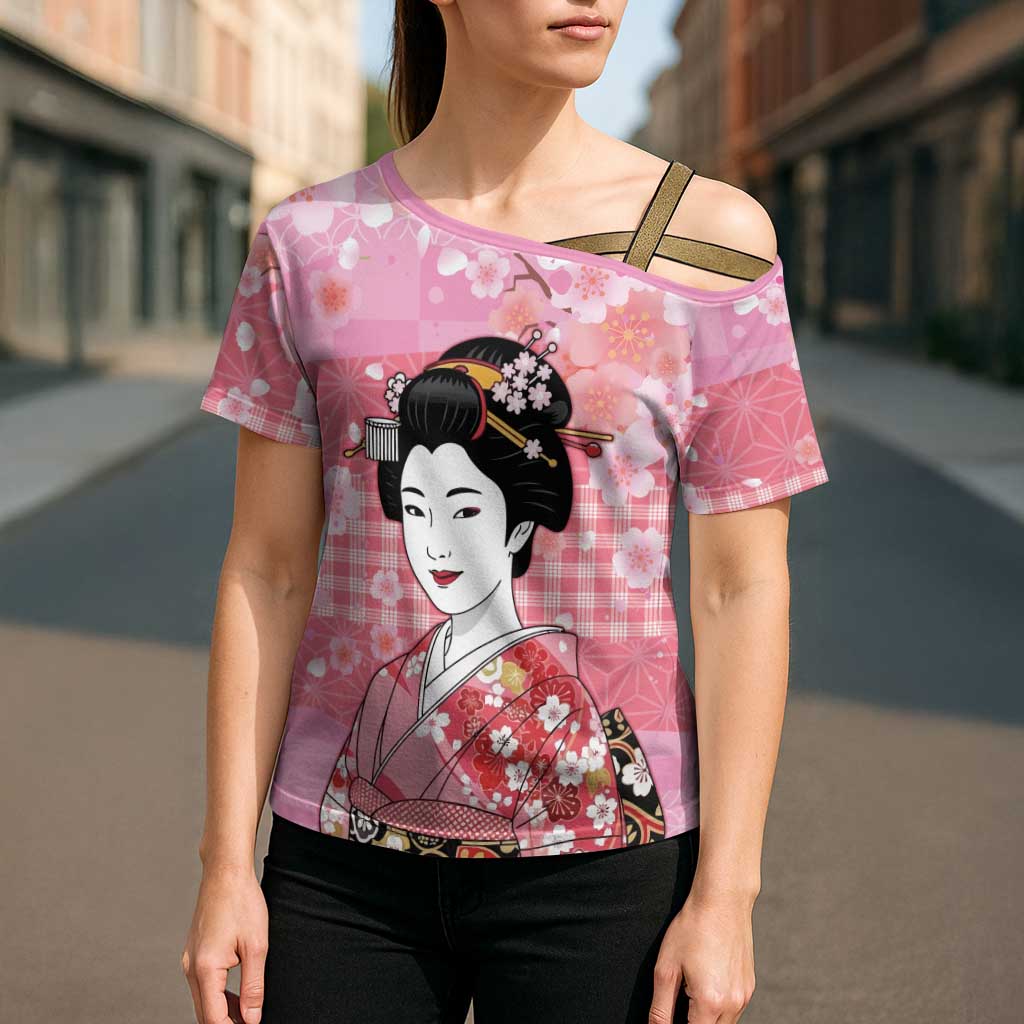 Japanese Geisha Cherry Blossom Cross Shoulder Shirt Pink Palaka Hawaii Pattern Fusion Design LT19 - Polynesian Pride