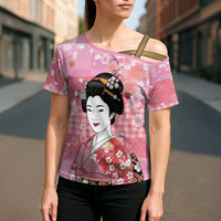 Japanese Geisha Cherry Blossom Cross Shoulder Shirt Pink Palaka Hawaii Pattern Fusion Design LT19 - Polynesian Pride